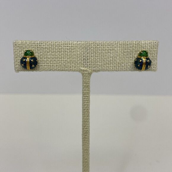 Joan Rivers Enamel Blue & Green Ladybug Earrings Gold Tone Pierced - Rare Color - Picture 1 of 7